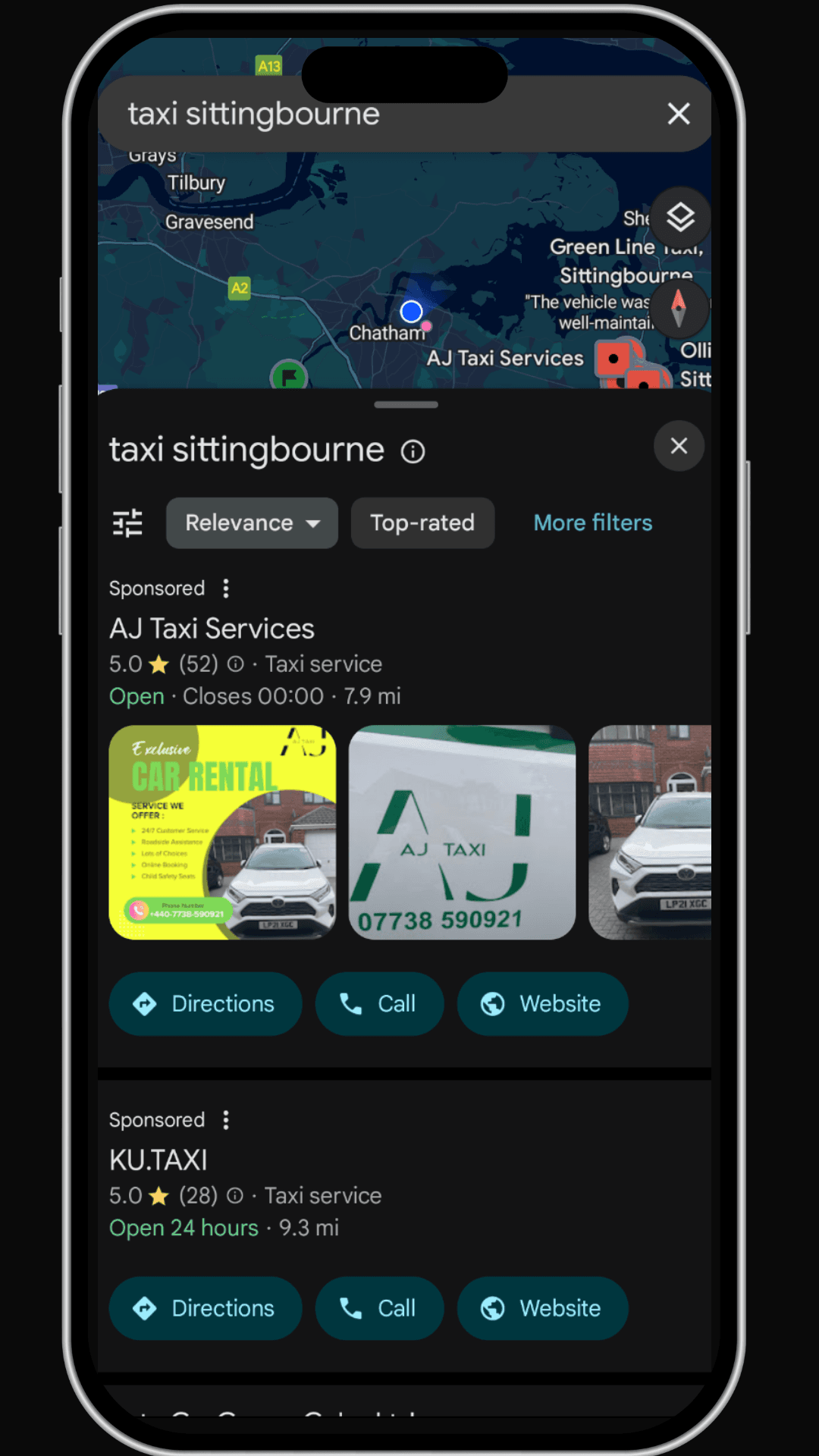 AJ Taxi's #1 Ranking in Sittingbourne - Google Search Results